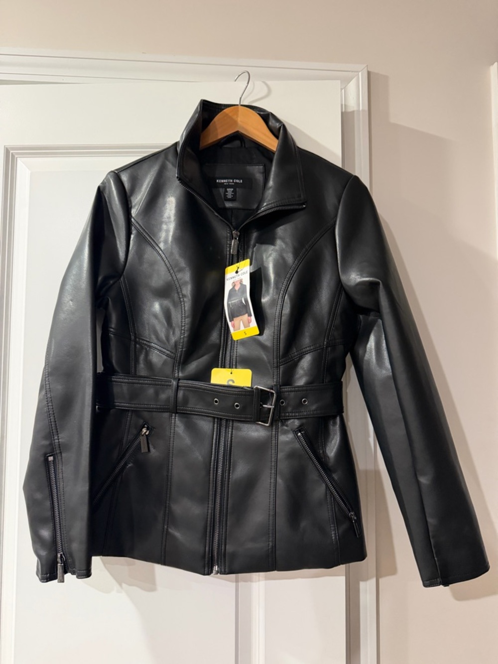 Kenneth Cole Black Faux Leather Belted Moto Jacket
